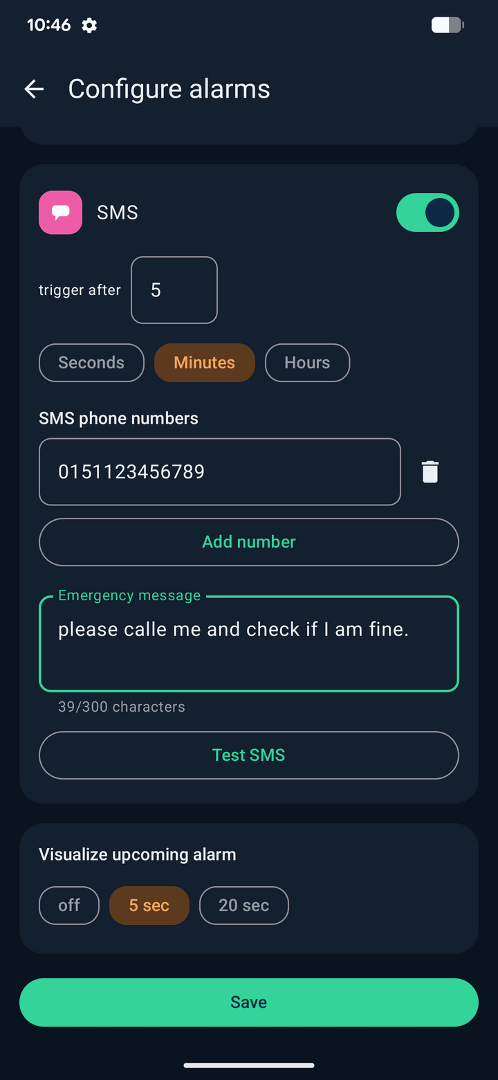 Configura allarmi: allarme SMS con numeri di telefono, messaggio di emergenza e tempo di preavviso