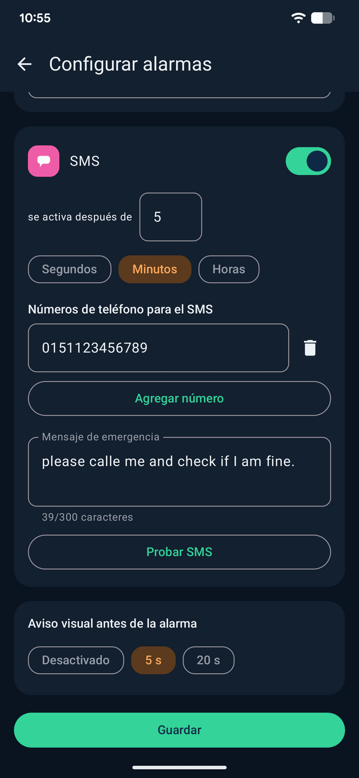 Configurar alarmas: alarma de SMS con números de teléfono, mensaje de emergencia y tiempo de preaviso