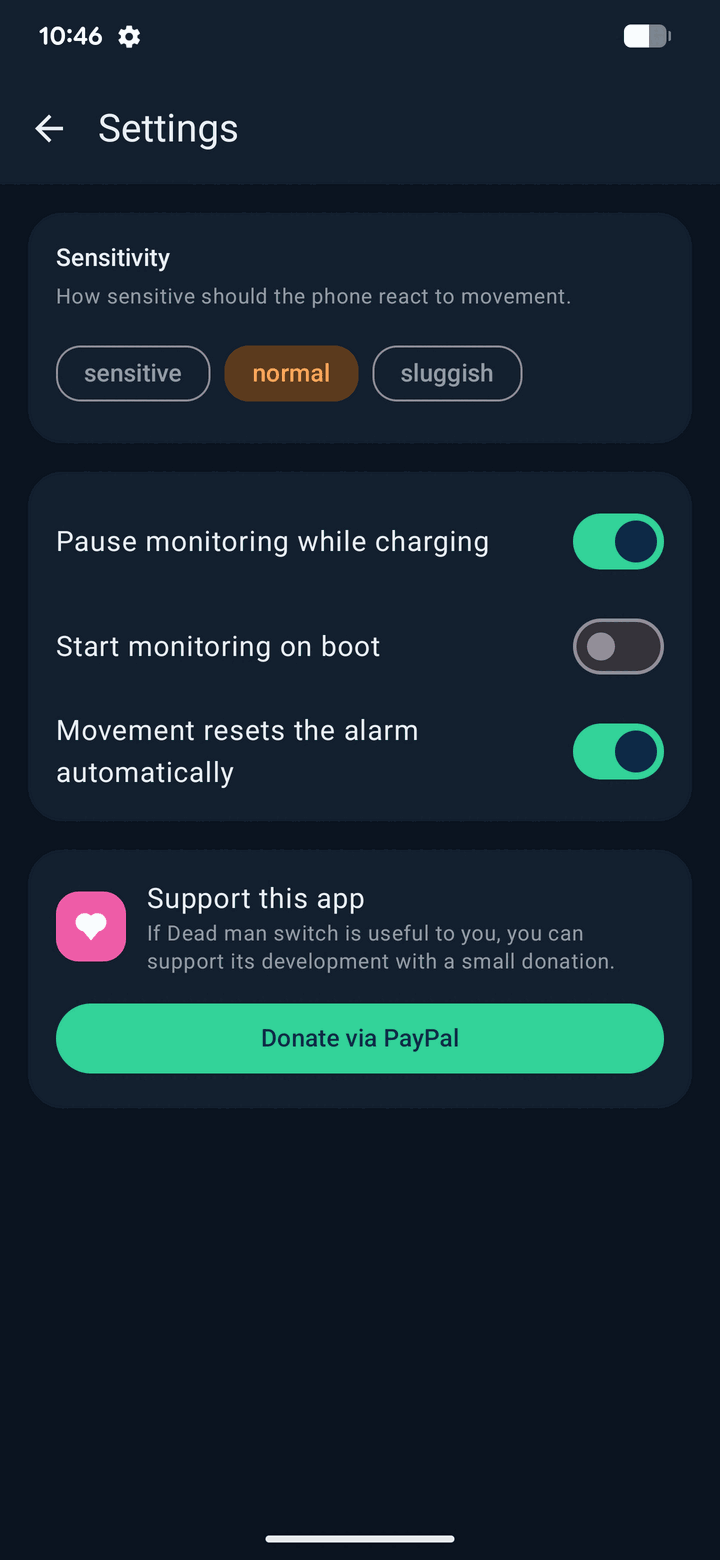 Impostazioni dell'app: sensibilità al movimento e opzioni per ricarica e avvio