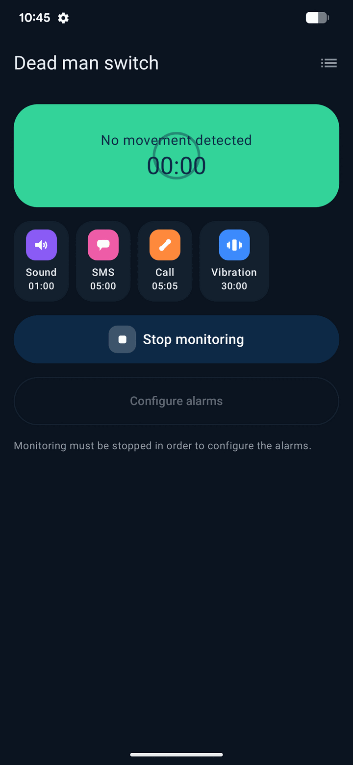 App Allarme uomo a terra: schermata principale con «Nessun movimento rilevato» e i quattro tipi di allarme vibrazione, suono, SMS e chiamata