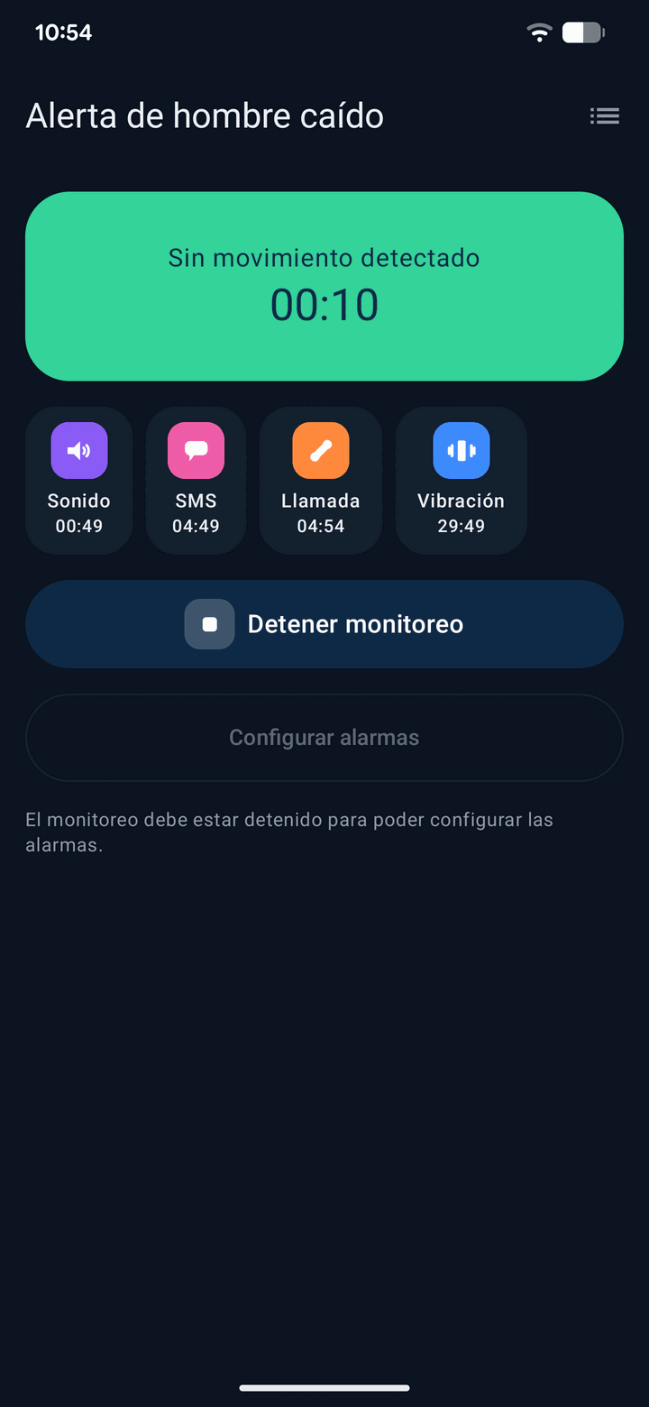 App Alarma de Hombre Muerto: pantalla principal con «Sin movimiento detectado» y los cuatro tipos de alarma vibración, sonido, SMS y llamada